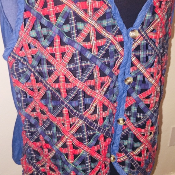 Red / blue Denim and plaid woven gate net denim vest - Picture 3 of 7